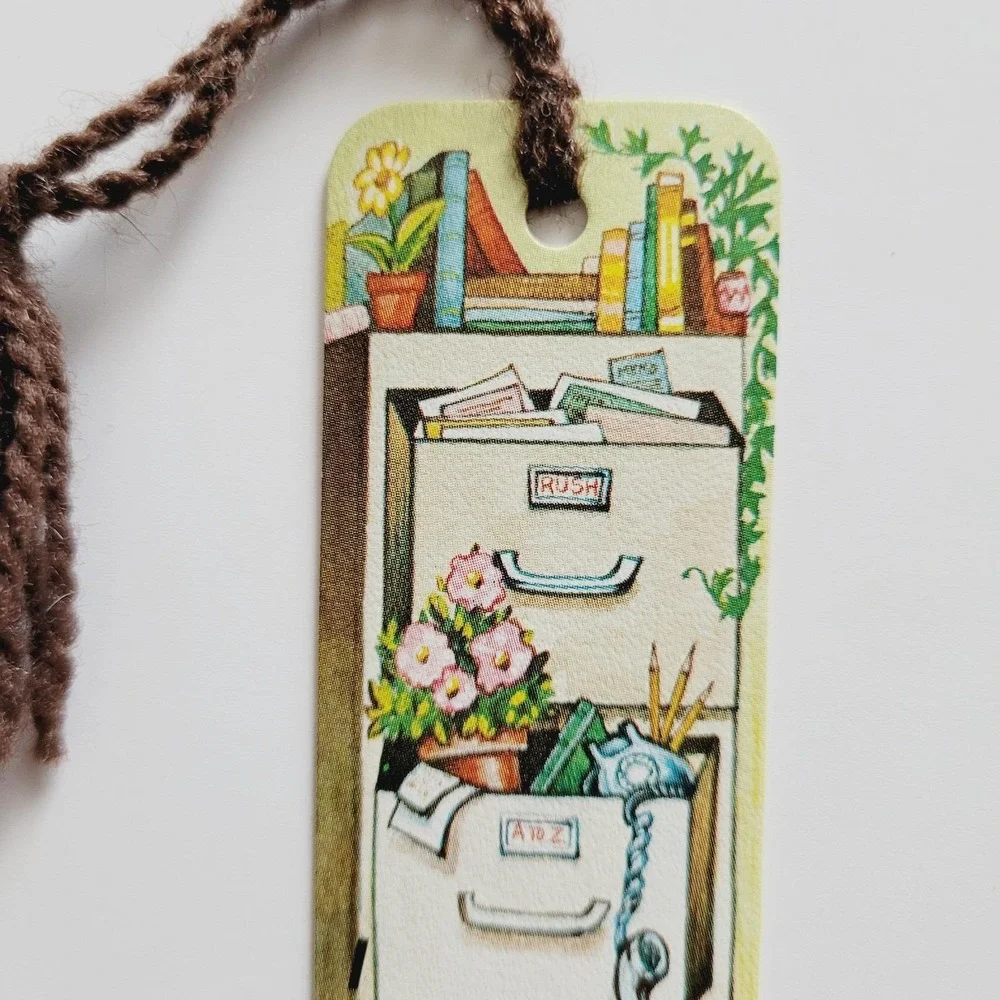Vintage 70s Office Mouse Bookmark Brown Yarn Tassel 1978 Antioch Bookplate H-225
